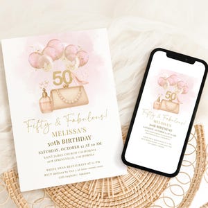 50th Birthday Invitation Pink Gold – Editable 50 and Fabulous Template – Elegant Digital Invite for Women – Corjl Instant Download