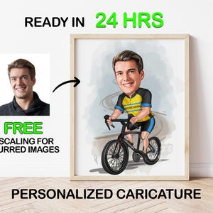 Personalized Cyclist Caricature Portrait: Custom Bike Lover Gift (Digital File A3 Size)