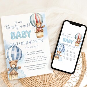Teddybeer heteluchtballon bewerkbare baby showeruitnodiging jongen blauwe teddybeer babyshower We Can Bearly Wait Shower Instant Download