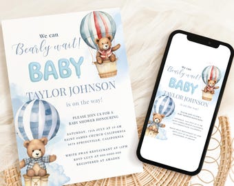 Faire-part de baby shower en montgolfière ours en peluche (téléchargement numérique)