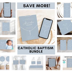 May include: A blue and white printable Catholic baptism bundle with a rosary design. The bundle includes invitations, signage, water bottle labels, cupcake toppers, and a phone background. The text "SAVE MORE!" is at the top of the image. The text "CATHOLIC BAPTISM BUNDLE" is in the center of the image. The text "INSTANT DOWNLOAD" is in the bottom right corner of the image.