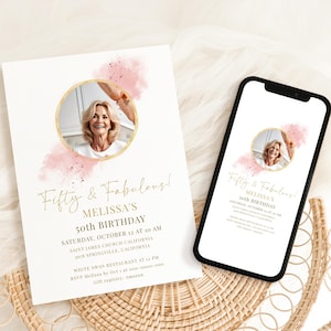 50th Birthday Invitation Pink Gold – Editable 50 and Fabulous w/photo – Elegant Digital Invite for Women – Corjl Instant Download