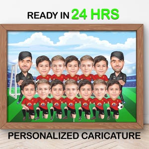 Gepersonaliseerde karikatuur van het voetbalteam als cadeau, cartoontekening van foto | Uniek cadeau | Foto voetbalteam naar cartoon