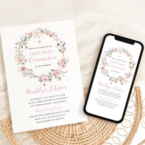 Plantilla digital de invitación de texto para la primera comunión, invitación de comunión con flores rosas, invitación electrónica para la primera comunión, descarga instantánea de Corjl
