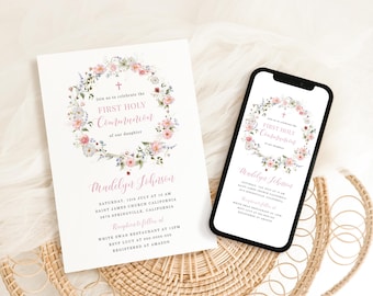 Modèle d'invitation de première communion floral rose (téléchargement numérique)