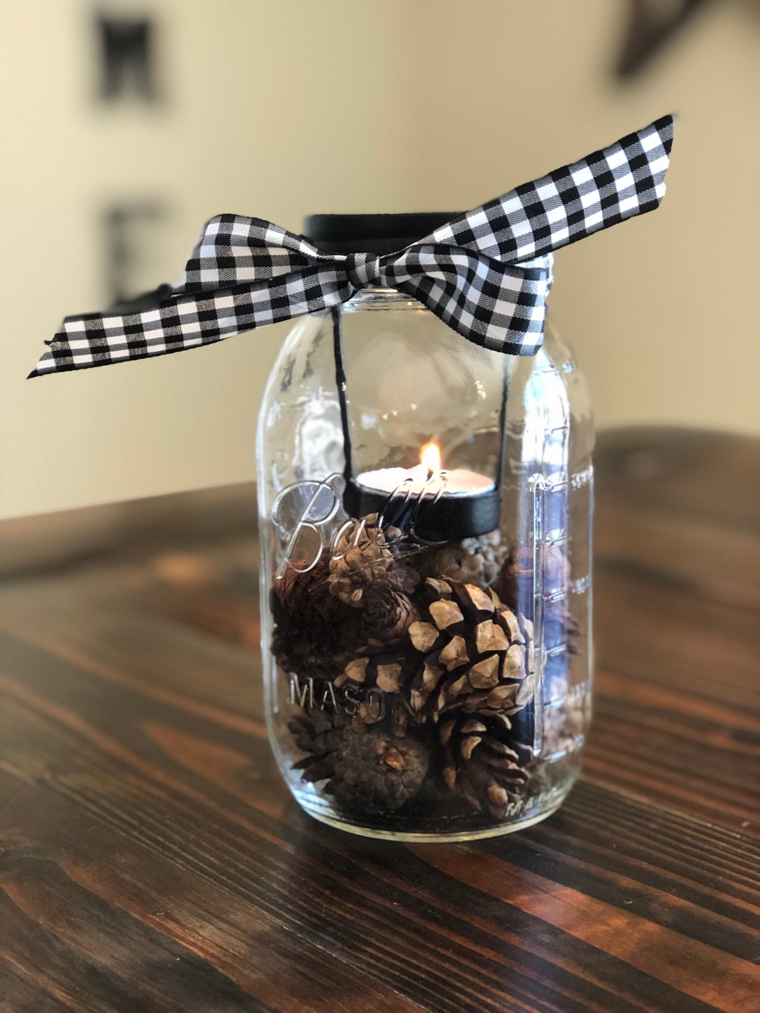 Mason Jar Lantern Centerpieces/pine Cone/buffalo Check/candle/farmhouse