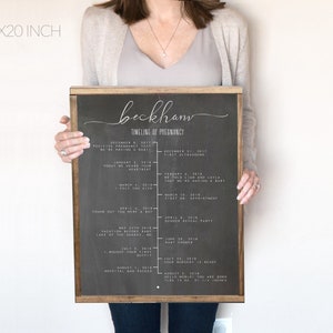 May include: A black chalkboard with a wooden frame displays a timeline of pregnancy milestones for a baby named Beckham. The timeline includes dates, events, and details like the first ultrasound, gender reveal party, and baby shower. The chalkboard is 16x20 inches.