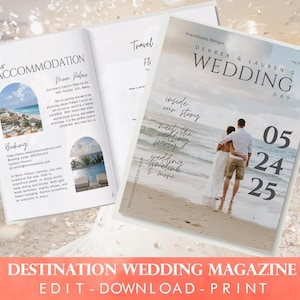 Modelo de revista para casamento no destino | Personalizado e editável no Canva | Programa de casamento para impressão faça você mesmo