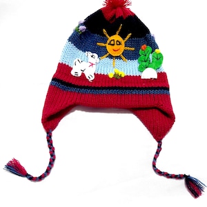 Hand Knitted Peruvian Earflap Hat: Cozy Chullo for kids, Embroidered Winter Hat (Size L), Hispanic Month!