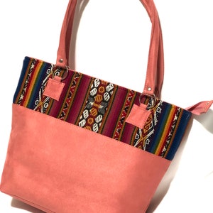 Leather Tote Bag for women Ethnic design from Cuzco, Peruvian Leather Bag,  Original Handmade Purse, SUMMER SALE!