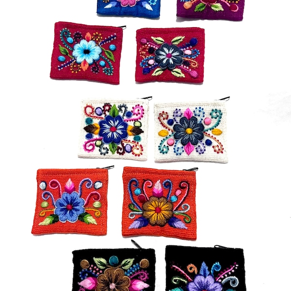 Boho coin purse, Hand Embroidered card holder. Ethnic Coin purse colorful flowers, Peruvian embroidered wallet, MOTHER'S Day SALE!