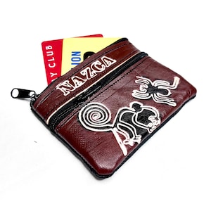 Monedero de cuero, tarjetero con diseño de las Líneas de Nazca, funda para DNI. Monedero con dos bolsillos. Monedero hecho a mano. Idea de regalo. ¡Feliz Día del Padre!
