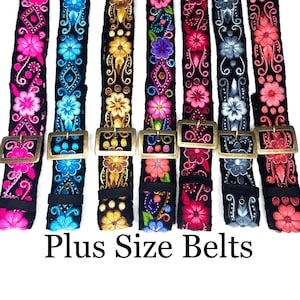 Black PLUS size Boho Belts w/ hand-embroidered flowers, Peruvian Belt, Handmade belt, Colorful belt, SUMMER SALE!