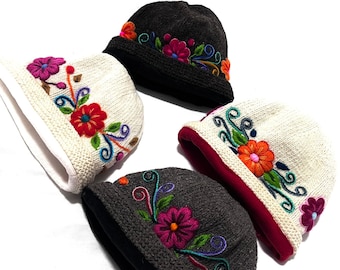 Extra warm Winter beanie with fleece lining, Handmade Peruvian Hat, Embroidered hat with flowers, Alpaca hat, Easter FREE GIFT!