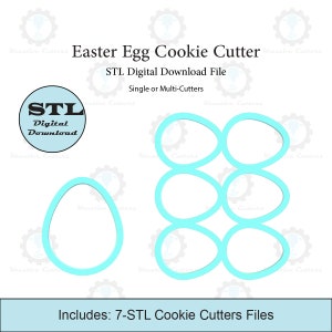 May include: A digital download file for 7 STL cookie cutters in the shape of Easter eggs. The file is for single or multi-cutters.  Includes: 7-STL Cookie Cutters Files