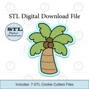 May include: A digital download file for 7 STL cookie cutters in the shape of a palm tree with coconuts. The file is for use with a 3D printer to create cookie cutters.