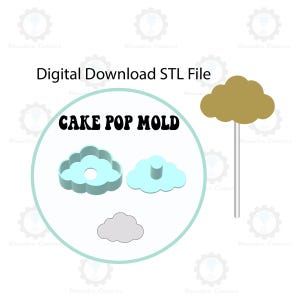 May include: Digital download STL file for a cake pop mold. The mold is shaped like a cloud and has a hole in the center for a stick. The image shows the mold in three different colors: blue, light blue, and gray.