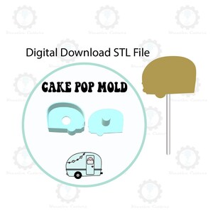 Puede incluir: Archivo STL de descarga digital para un molde de cake pop con forma de caravana vintage. El molde se muestra en dos partes, de color azul claro. Una imagen más pequeña muestra un cake pop terminado con un diseño de caravana azul claro con ribetes blancos y un corazón rosa en la puerta.