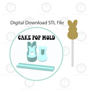 May include: Digital download STL file for a cake pop mold. The mold is shaped like a bunny rabbit and includes a base for the cake pops. The image also shows a finished cake pop on a stick.