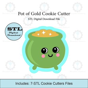 May include: A digital download file for a 3D printed cookie cutter in the shape of a green pot of gold with a cute cartoon face. The pot is filled with gold coins and has a blue outline.