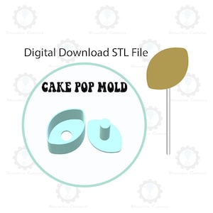 May include: A digital download STL file for a cake pop mold shaped like a football. The mold is light blue and comes in two pieces. The image also shows a brown football-shaped cake pop on a stick.