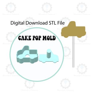 May include: A blue plastic cake pop mold shaped like a pickup truck. The mold is in two pieces, one for the cab and one for the bed. The mold is designed to be used with a cake pop stick. The image also shows a gold-colored cake pop stick with a pickup truck shaped cake pop.