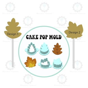 May include: A white background features a cake pop mold set with leaf designs. The text "CAKE POP MOLD" is in the center. Two leaf designs on sticks are on either side, labeled "Design 1" and "Design 2".