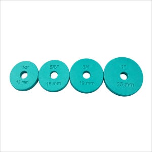 May include: Four teal circular discs with center holes, labeled with measurements 1/2" (13 mm), 5/8" (16 mm), 3/4" (19 mm), and 1" (25 mm). These flat, round items are arranged in a row from smallest to largest, displaying their size markings clearly.