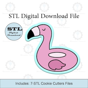Könnte beinhalten: Eine digitale Download-Datei für 7 STL-Keksstempel in Form eines rosa Flamingoschwimmers. Die Datei ist für die Verwendung mit einem 3D-Drucker bestimmt.