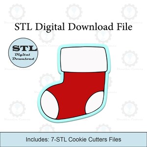 May include: A digital download file for 7 STL cookie cutters in the shape of a red and white Christmas stocking. The file is for use with a 3D printer.
