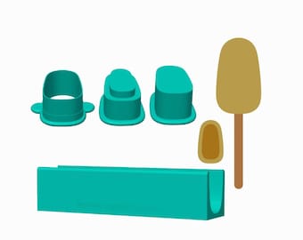 Peut inclure: Un ensemble de trois emporte-pièces en plastique turquoise de formes variées, une longue auge rectangulaire turquoise et deux outils en forme de sucette de couleur beige avec un manche fin, disposés pour une visibilité claire de chaque pièce.