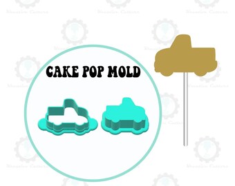 Peut inclure: Un ensemble de moules à cake pops turquoise et or en forme de pick-up. Les mots "CAKE POP MOLD" sont en texte noir. L'ensemble comprend un contour turquoise et un camion turquoise plein.