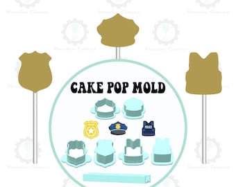 Peut inclure: Un ensemble de moules à cake pops sur le thème de la police. L'image comprend des moules en forme de badges, d'un chapeau de police, d'un gilet pare-balles et d'un insigne de police. Les mots "CAKE POP MOLD" sont au centre.