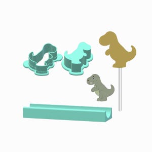 May include: A collection of dinosaur-themed items. Includes two light blue dinosaur-shaped cookie cutters, a light blue rectangular mold, a gold-colored dinosaur on a stick, and a gray dinosaur illustration.