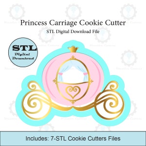 May include: A pink and gold princess carriage cookie cutter STL digital download file. Includes 7 STL cookie cutter files.