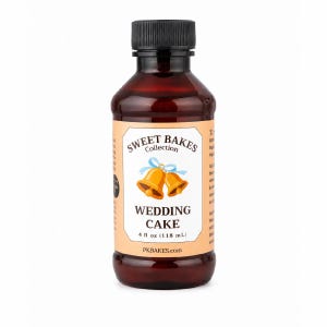 May include: A brown plastic bottle with a black screw cap containing 4 fl oz of liquid. The label reads Sweet Bakes Collection Wedding Cake with an illustration of two gold bells tied with a light blue ribbon and the website PKBAKES.com.