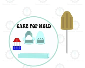 Peut inclure: Plusieurs moules à cake pops de différentes formes. L'image comprend un moule en forme de glace, deux autres moules et un moule rectangulaire. Un seul cake pop sur un bâton est également présenté. Le texte "CAKE POP MOLD" est affiché.