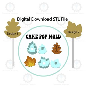 May include: Digital download STL file for a cake pop mold with two leaf designs. The mold includes five different leaf shapes: a single oak leaf, two small leaf clusters, and two larger leaf clusters. The leaf clusters are in a light blue color, while the oak leaf is brown. The text "Cake Pop Mold" is written in bold, blue letters.
