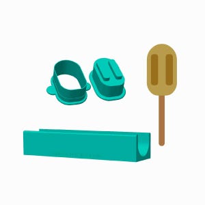 May include: A set of teal plastic tools including two oval-shaped cutters, a long rectangular tray with a semi-circular channel, and a tan popsicle-shaped tool with a brown stick, all designed for crafting or baking applications.