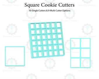May include: Square cookie cutters in various sizes. The image shows a single square cutter, a multi-square cutter, and a grid-style cutter. The text indicates 10 single cutters and 9 multi-cutter options, available in sizes from 0.5 inches to 5 inches.