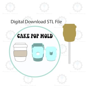 以下が含まれることがあります： コーヒーカップの形をしたケーキポップモールドのデジタルダウンロードSTLファイル。モールドは2つの部分に分かれており、完成したケーキポップの別々の画像が示されています。