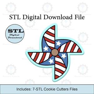 May include: A digital download file for 7 STL cookie cutters in the shape of a red, white, and blue pinwheel. The pinwheel has a brown center and white stars on the blue and red sections.