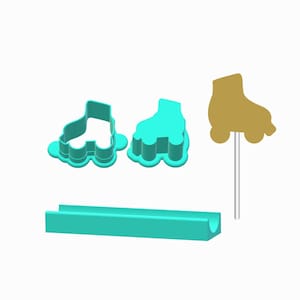 May include: A collection of roller skate-themed items. Includes two turquoise cookie cutters, a turquoise rectangular mold, and a gold-colored roller skate on a stick, likely a cake topper or decoration.