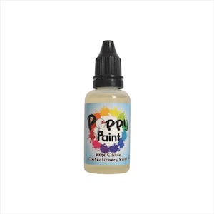 May include: A bottle of Poppy Paint, a 100% edible confectionery paint. The bottle has a black cap and a label with the brand name in white, surrounded by a colourful splash design. The liquid inside is a pale yellow colour.