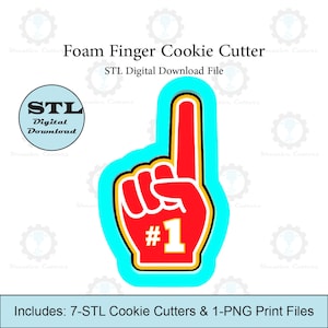 May include: A red foam finger cookie cutter with a yellow outline and a light blue border. The number "1" is displayed on the palm. Text includes "Foam Finger Cookie Cutter" and "STL Digital Download File".