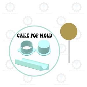 Puede incluir: Un juego de moldes para cake pops de color azul claro con el texto "CAKE POP MOLD" en negro. El juego incluye un molde cilíndrico, un molde redondo y un molde rectangular. También se muestra una piruleta dorada.