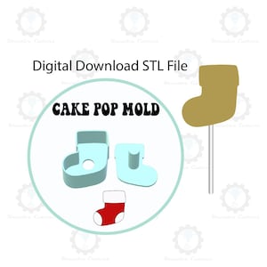May include: Digital download STL file for a cake pop mould. The mould is shaped like a Christmas stocking. The image shows the mould in two parts, a stocking with a heel and a stocking with a toe. The image also shows a finished cake pop in the shape of a stocking.