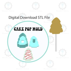 Puede incluir: Un archivo STL de descarga digital para un molde de cake pop con forma de árbol de Navidad. El molde es azul y tiene un agujero en el centro para un palo. La imagen también muestra un cake pop terminado decorado con rayas rojas y blancas.