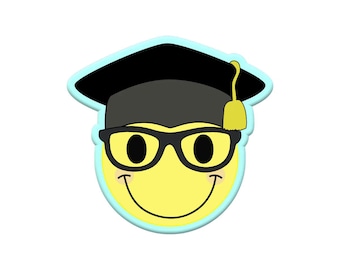 May include: A yellow smiley face wearing black glasses and a black graduation cap with a yellow tassel. The image has a light blue outline and is set against a white background. The smiley face has a happy expression.