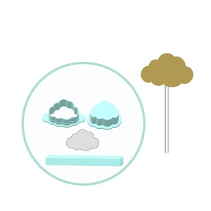 May include: A collection of cloud-shaped cookie cutters and a cloud-shaped cake topper. The cookie cutters are light blue and gray, with a rectangular base. The cake topper is gold with a silver stick.
